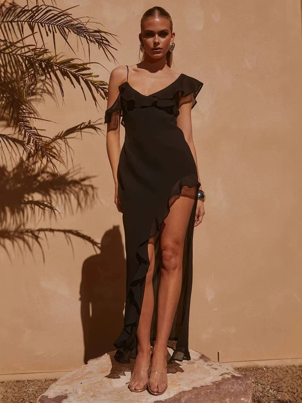 ZARA Sexy Chiffon Irregular Ruffle Spaghetti Strap Slit Midi Dress